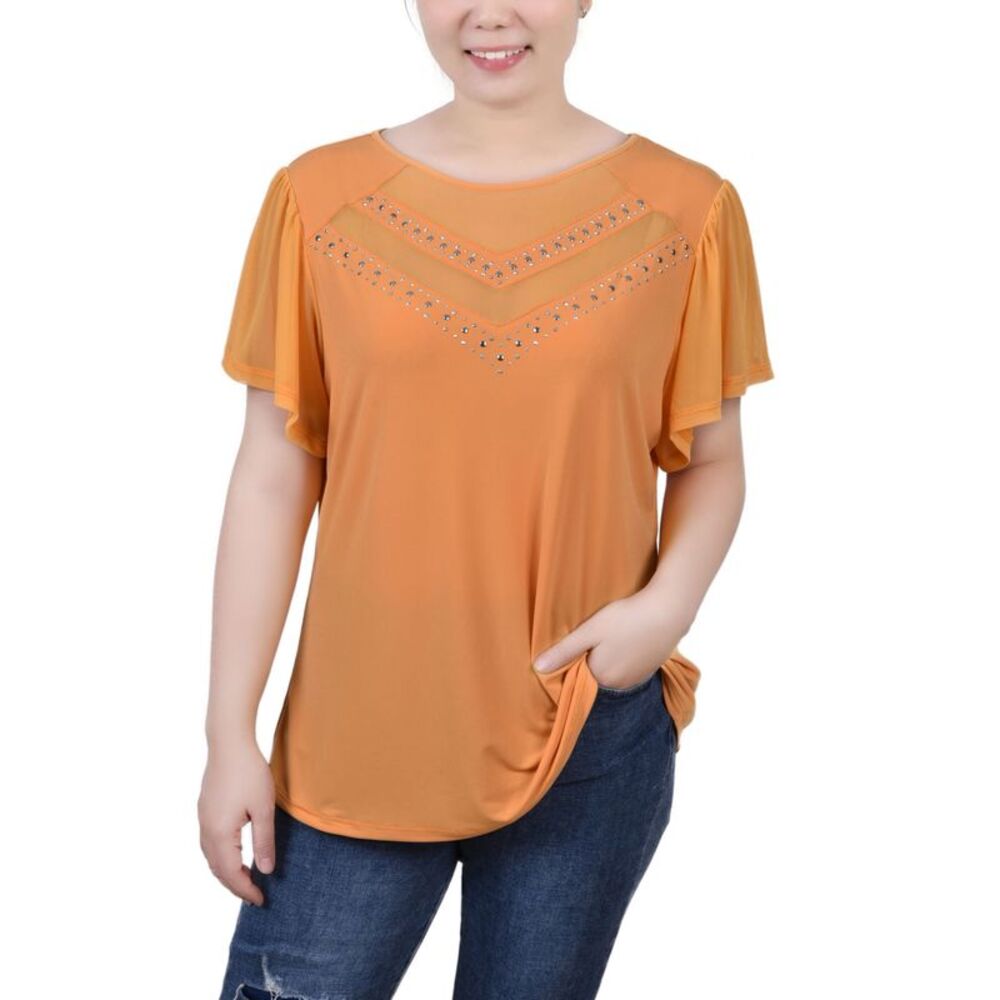 NY Collection Petite Studded Short Flutter Sleeve Top